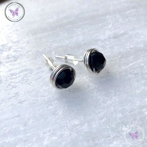 Faceted Black Onyx Silver Wire Wrap Stud Earrings